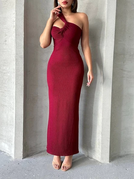 Krinkıl tek omuz uzun elbise bordo s25455 - 5
