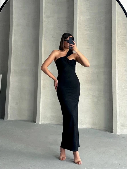 Krinkıl tek omuz uzun elbise siyah s25455 - Resim 4