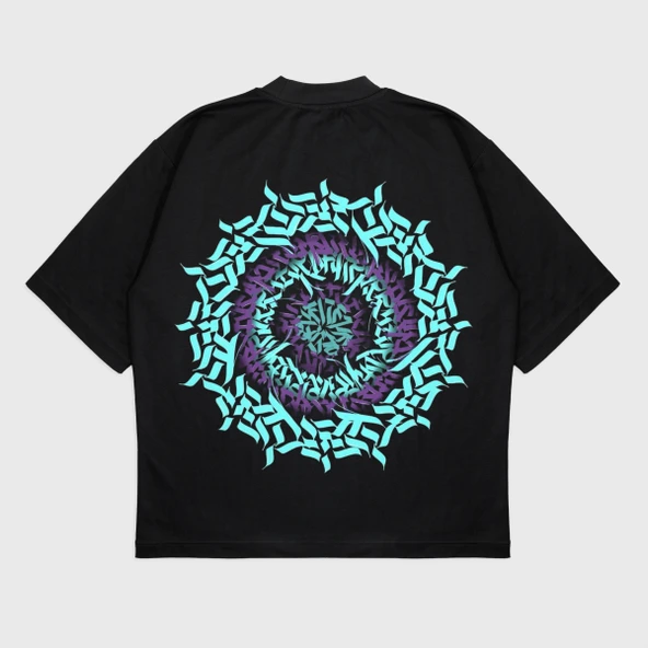 Oversize 'Hallucination Circle' Baskılı Bisiklet Yaka T-Shırt - 1