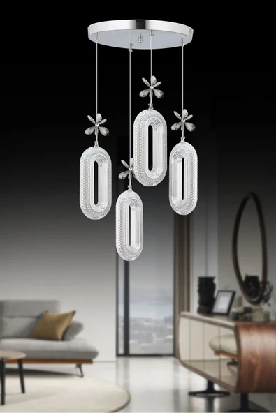 Alfa 4'lü Gümüş 3 Renk Ledli Kristal Taşlı Modern Led Avize