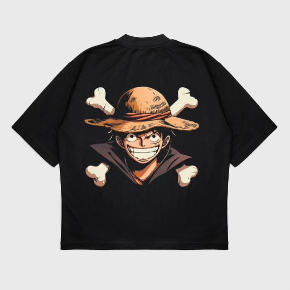 Oversize 'One Piece' Baskılı Bisiklet Yaka T-Shırt