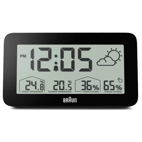 BRAUN BC13BP SİYAH DİJİTAL HAVA DURUMU ALARMLI MASA SAATİ