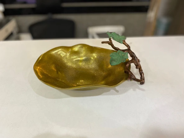 32x22 cm Döküm Aliminyum Dallı Gold Eskitme Dekoratif Tabak - 4