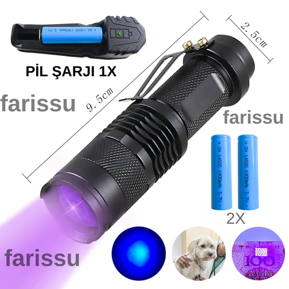 Gold Orion OR-90 UV Mor Işık El Feneri | 1900 mAh Şarjlı | 2 Pil + Şarj Cihazı | 50 Metre Aydınlatma