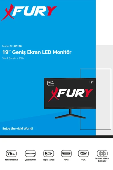 FURY 19" Geniş Ekran 75 Hz 5ms (VGA,HDMI) Led Monitör - 5