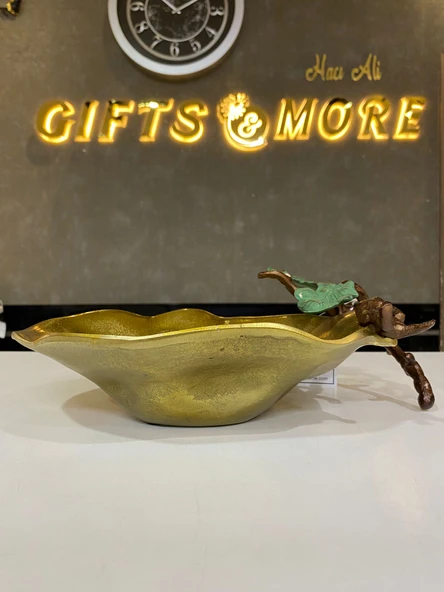 32x22 cm Döküm Aliminyum Dallı Gold Eskitme Dekoratif Tabak - 2