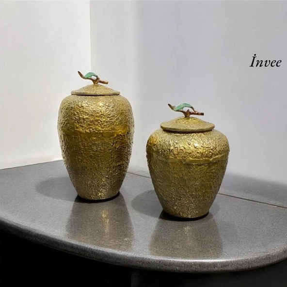32 cm Döküm Aliminyum Gold Eskitme Kapaklı Vazo - 1