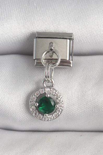 316L Çelik Gümüş Renk Sallantı Yeşil Zirkon Taşlı Nomination Charm - TJ-BC1376