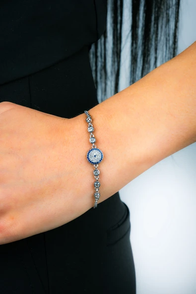 925 Ayar Gümüş 6 Zirkon Taşlı Nazar Boncuk Model Çift Zincir Kadın Bileklik - 2