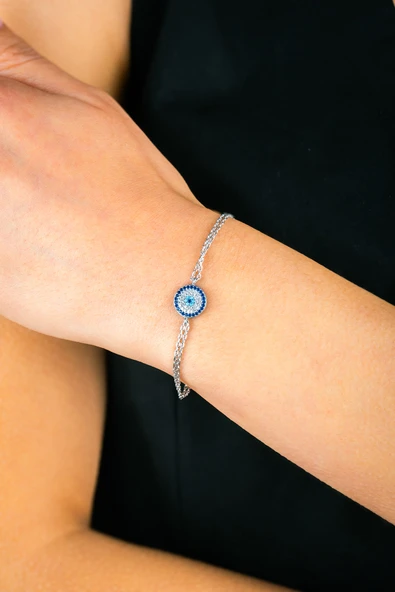 925 Ayar Gümüş Büyük Nazar Boncuk Model Çift Zincir Kadın Bileklik - 3