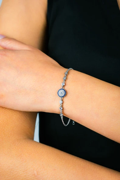 925 Ayar Gümüş 6 Zirkon Taşlı Nazar Boncuk Model Çift Zincir Kadın Bileklik