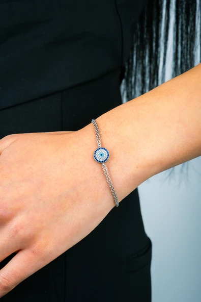 925 Ayar Gümüş Büyük Nazar Boncuk Model Çift Zincir Kadın Bileklik