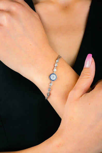 925 Ayar Gümüş 6 Zirkon Taşlı Nazar Boncuk Model Çift Zincir Kadın Bileklik - 3