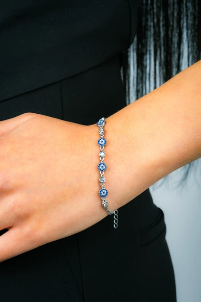 925 Ayar Gümüş Küçük Nazar Boncuklu Model Çift Zincir Kadın Bileklik - 2