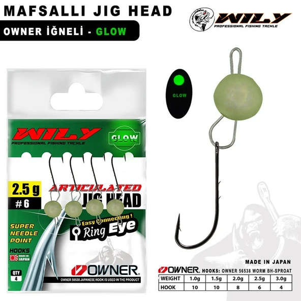 Wily Mafsallı Jig Head 4 Adet Owner İğneli - Glow  3 gr - 4 No - 1