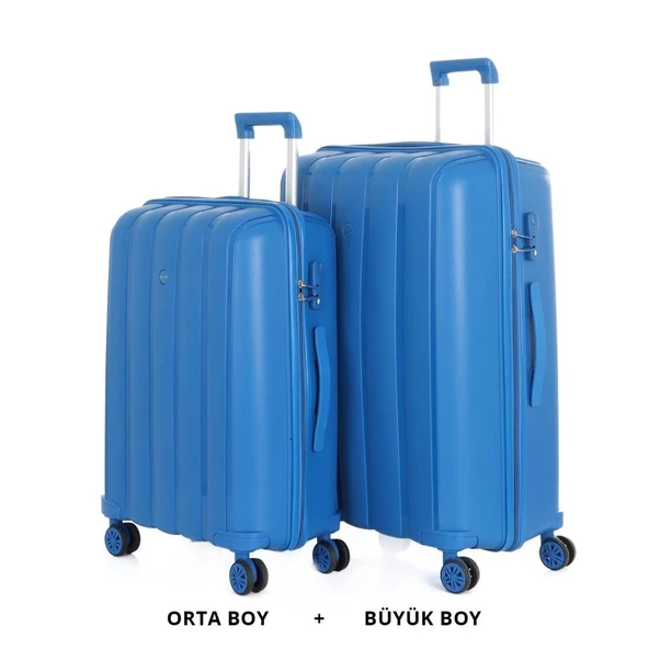 MÇS Bavul Büyük ve Orta 2li Set Kırılmaz Silikon Valiz V305 SaksMavi