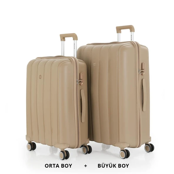 MÇS Bavul Büyük ve Orta 2li Set Kırılmaz Silikon Valiz V305 Şampanya