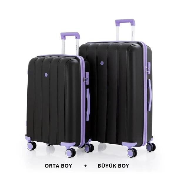 MÇS Bavul Büyük ve Orta 2li Set Kırılmaz Silikon Valiz V305 Siyah/Lila ürün görseli 1
