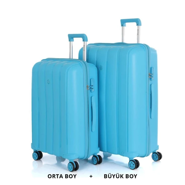 MÇS Bavul Büyük ve Orta 2li Set Kırılmaz Silikon Valiz V305 AçıkMavi