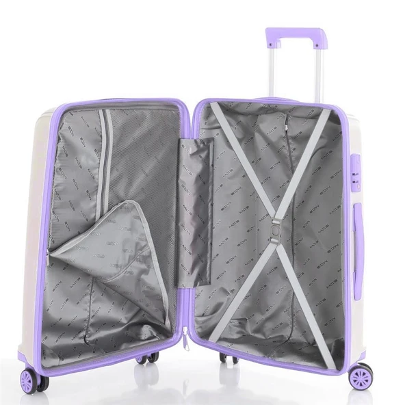 MÇS Bavul Büyük ve Orta 2li Set Kırılmaz Silikon Valiz V305 Kemik/Lila - Resim 4