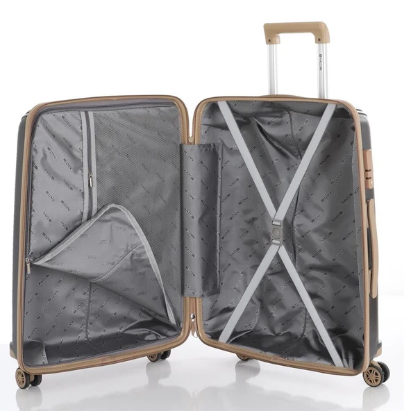 MÇS Bavul Büyük ve Orta 2li Set Kırılmaz Silikon Valiz V305 Siyah/Şampanya - Resim 4