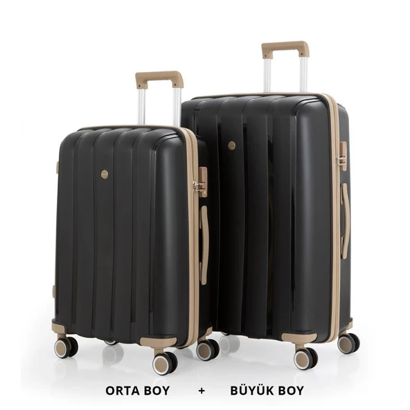 MÇS Bavul Büyük ve Orta 2li Set Kırılmaz Silikon Valiz V305 Siyah/Şampanya ürün görseli
