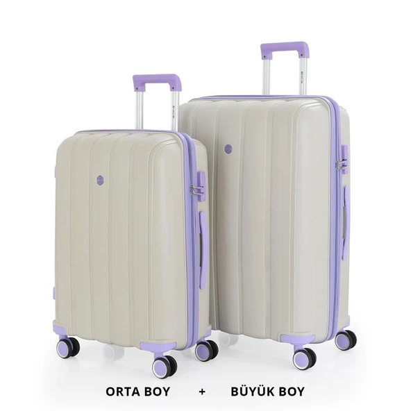 MÇS Bavul Büyük ve Orta 2li Set Kırılmaz Silikon Valiz V305 Kemik/Lila ürün görseli
