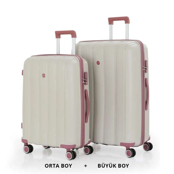 MÇS Bavul Büyük ve Orta 2li Set Kırılmaz Silikon Valiz V305 Kemik/KoyuPudra