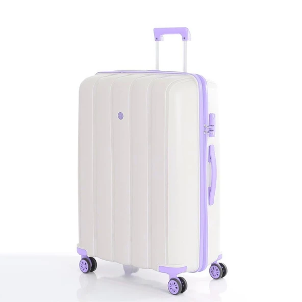 MÇS Bavul Büyük ve Orta 2li Set Kırılmaz Silikon Valiz V305 Kemik/Lila - Resim 3