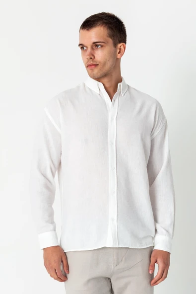 Erkek Keten Görünümlü Rahat Kesim Yazlık Gömlek - 7