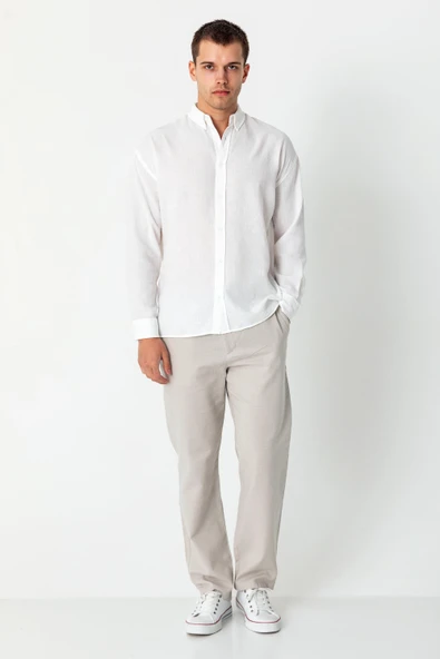 Erkek Keten Görünümlü Rahat Kesim Yazlık Gömlek - 8