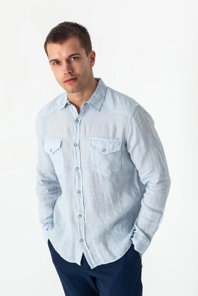 Erkek Comfort %100 Keten Kumaştan Rahat Yazlık Gömlek - 12