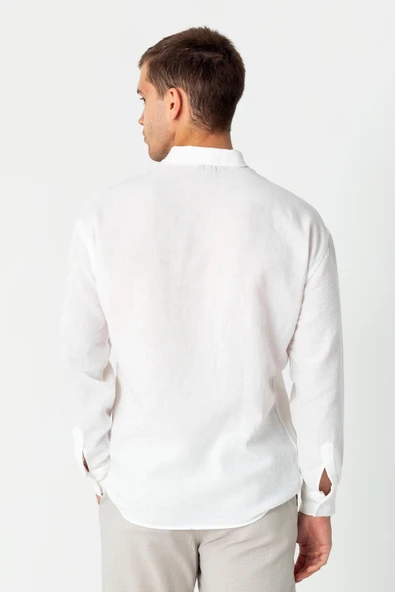 Erkek Keten Görünümlü Rahat Kesim Yazlık Gömlek - 9