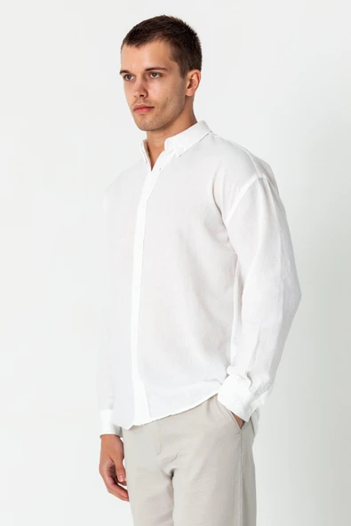 Erkek Keten Görünümlü Rahat Kesim Yazlık Gömlek - 10