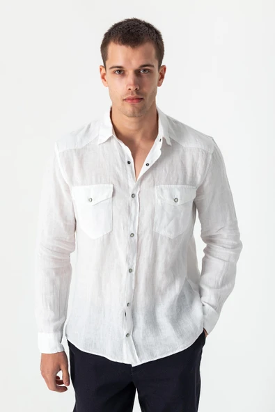 Erkek Comfort %100 Keten Kumaştan Rahat Yazlık Gömlek - 5