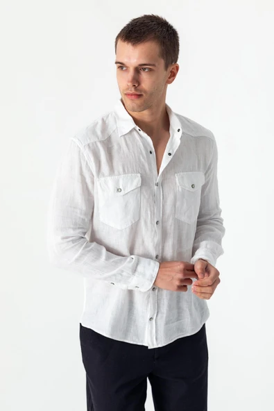 Erkek Comfort %100 Keten Kumaştan Rahat Yazlık Gömlek - 6