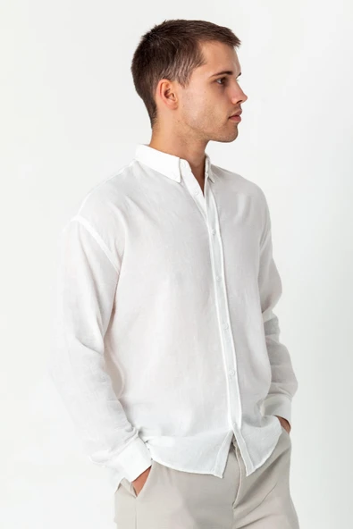 Erkek Keten Görünümlü Rahat Kesim Yazlık Gömlek - 11