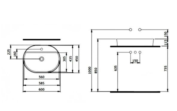 Bocchi Sottile Slim 60 cm Oval Mat Gri Tezgah Üstü Lavabo 1600-006-0126 - 2