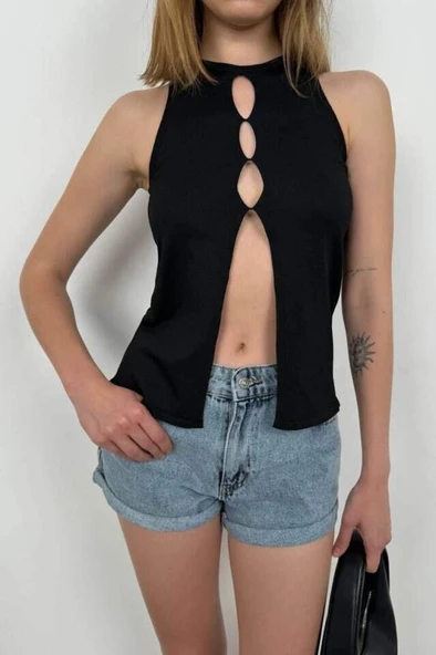 Halter Yaka Göğüs Detay Bluz - 2