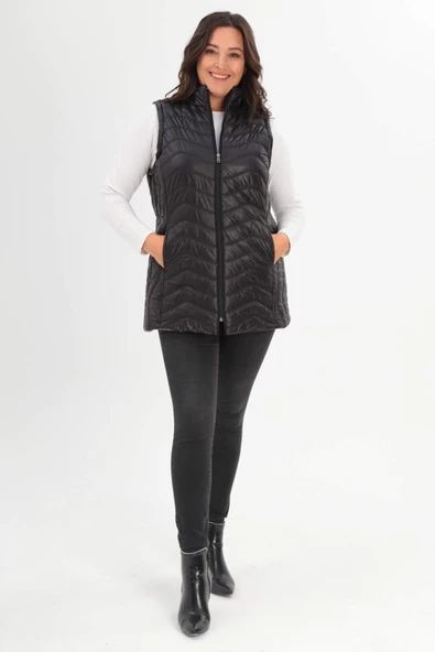 Trend42plus Büyük Beden Dalga Desen Kapitone Siyah Yelek - Resim 2