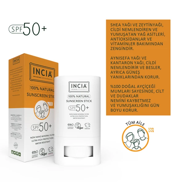 INCIA 100% Doğal Güneş Koruyucu Sun Stick Mineral Filtreli Hassas Cilt Bitkisel UVA UVB SPF50+ 15 gr - 3