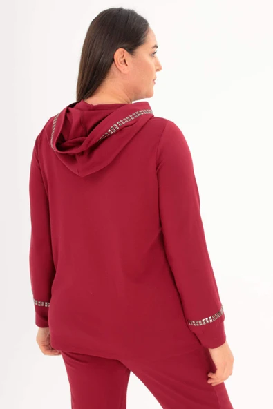 Trend42plus Büyük Beden Kapüşon Yaka Sweat Pantolon Bordo Takım - 5