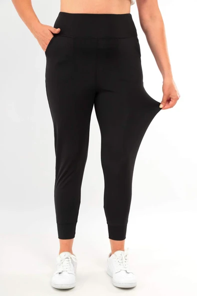 Trend42plus Kadın Yüksek Bel Jogger Eşofman Altı Siyah Joggers - 6