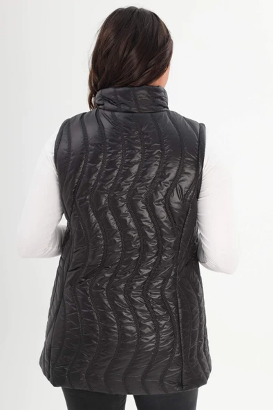 Trend42plus Büyük Beden Dalga Desen Kapitone Siyah Yelek - Resim 5