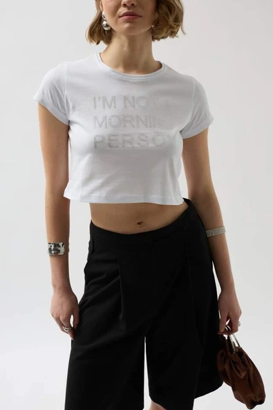 Taş Detay Crop T-Shirt - 4