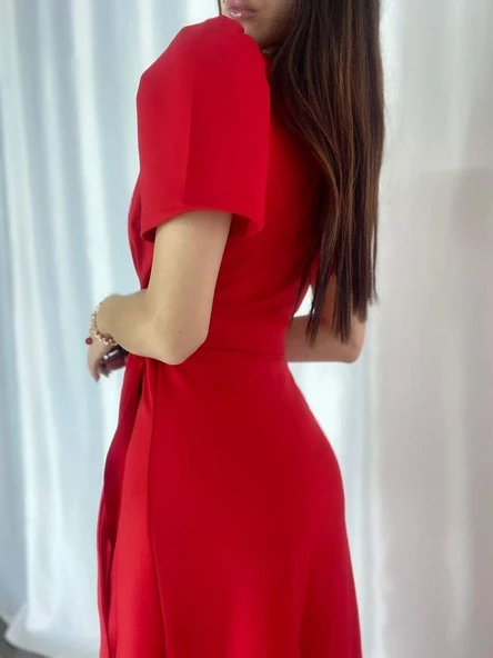 Kadın Kruvaze Yaka Midi Boy Kuşaklı Krep Elbise 120 Cm - 8