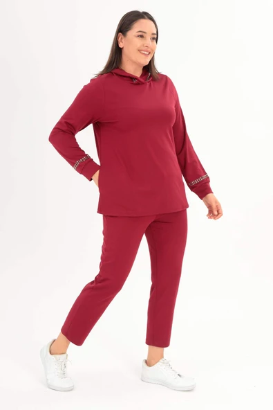 Trend42plus Büyük Beden Kapüşon Yaka Sweat Pantolon Bordo Takım - 3