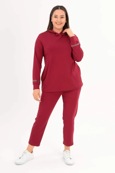 Trend42plus Büyük Beden Kapüşon Yaka Sweat Pantolon Bordo Takım