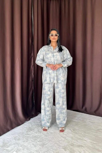 Mavi Leopar Desenli Ceket Ve Pantolon Keten Takım - 1