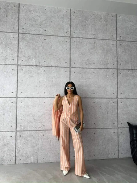 ÇİZGİLİ KETEN YELEK-PANTOLON TAKIM - Orange - 3